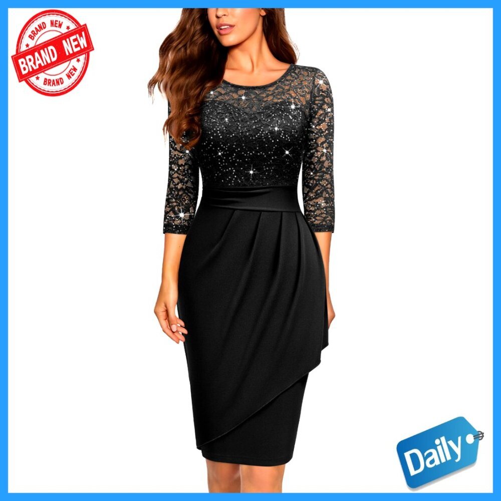Elegant Scoop Neck Sequin Lace Cocktail Party Dress 2/3 Sleeve Slim Fit